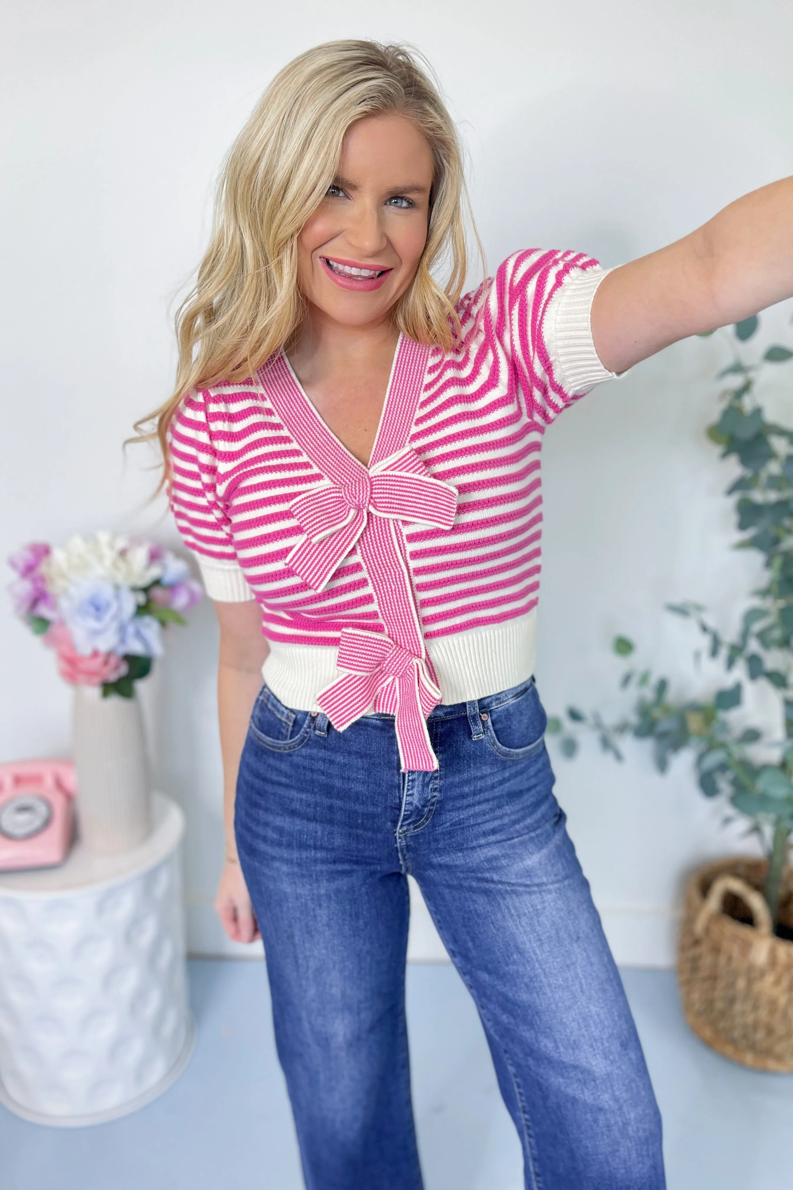 Brittany Striped Tie Front Sweater Top