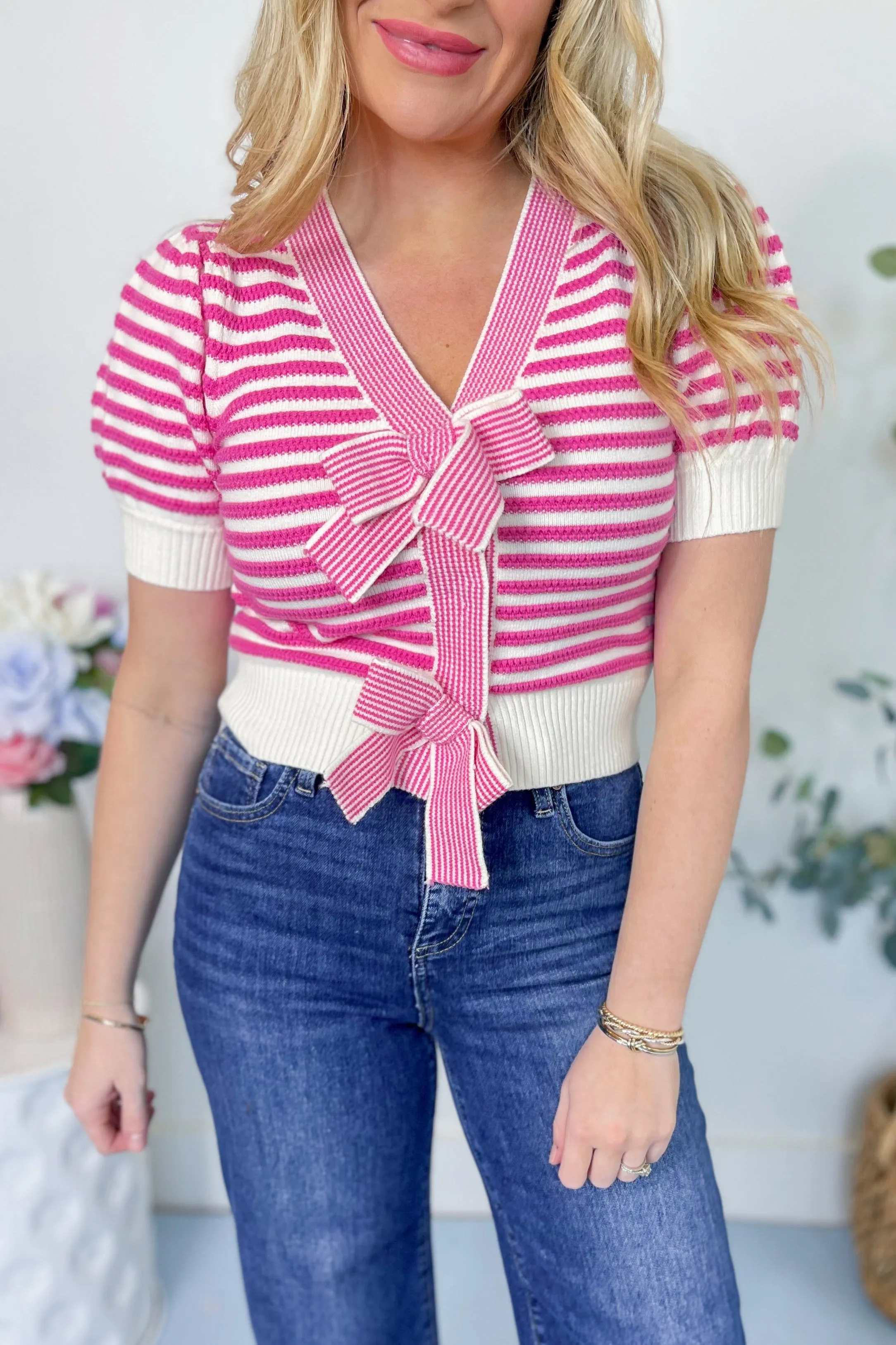 Brittany Striped Tie Front Sweater Top