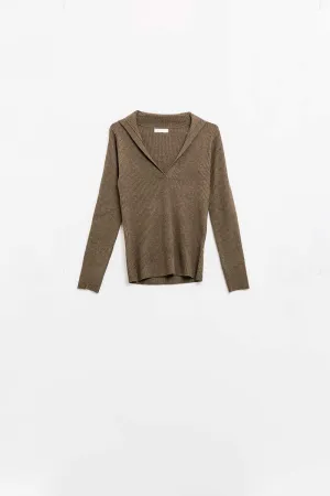 Brown Collared Rib Top With Long Sleeves