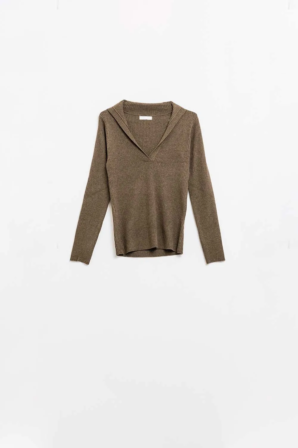 Brown Collared Rib Top With Long Sleeves
