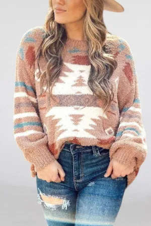 Brown Fuzzy Aztec Graphic Drop Shoulder Sweater