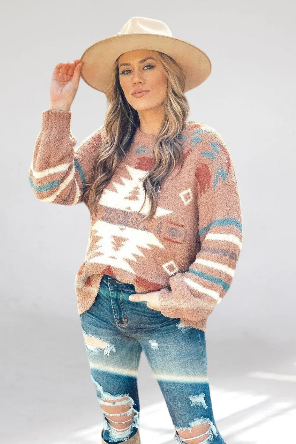 Brown Fuzzy Aztec Graphic Drop Shoulder Sweater
