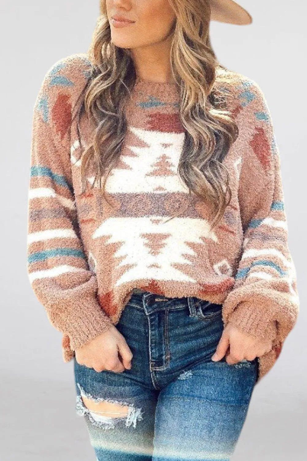 Brown Fuzzy Aztec Graphic Drop Shoulder Sweater