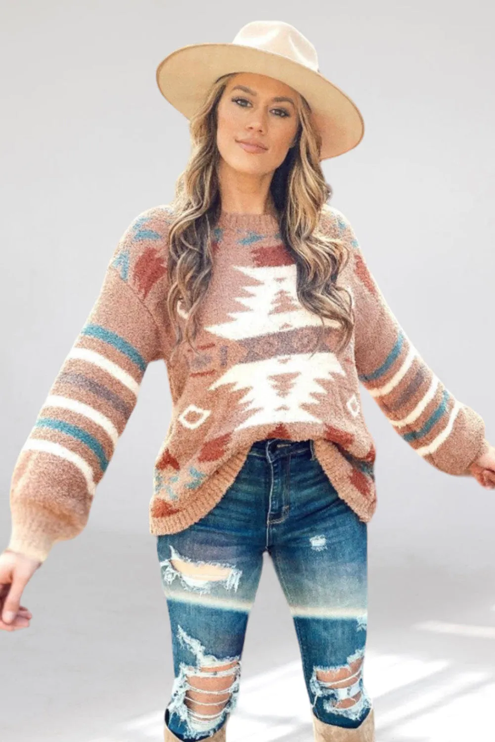 Brown Fuzzy Aztec Graphic Drop Shoulder Sweater