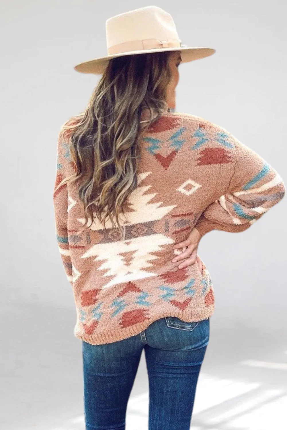 Brown Fuzzy Aztec Graphic Drop Shoulder Sweater