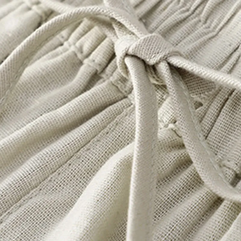 Buddha Stones Casual Solid Color Side Hollow Design Lace-up Cotton Linen Women's Shorts With Pockets