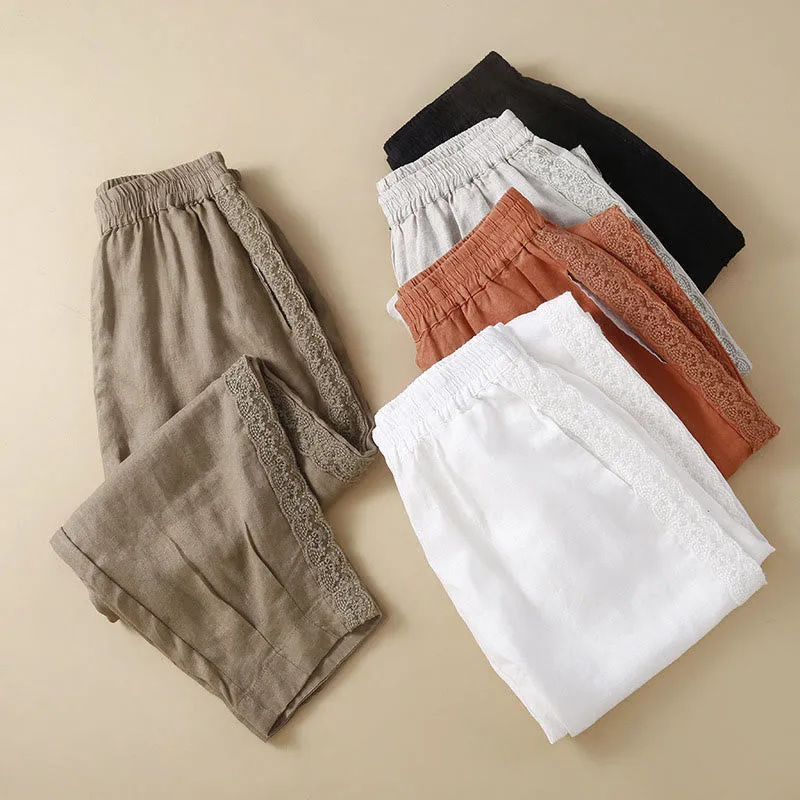 Buddha Stones Plain Color Flower Embroidery Side Linen Women's Pants With Pockets