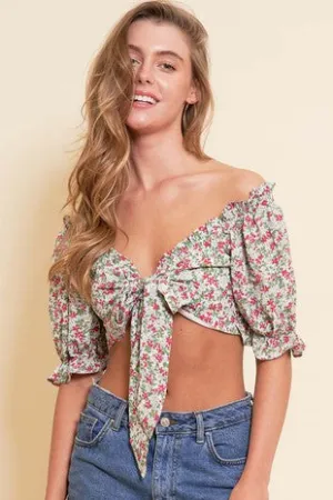 Butter Cream Green Flower Floral Front Tie Crop Top 3/29/24 8371