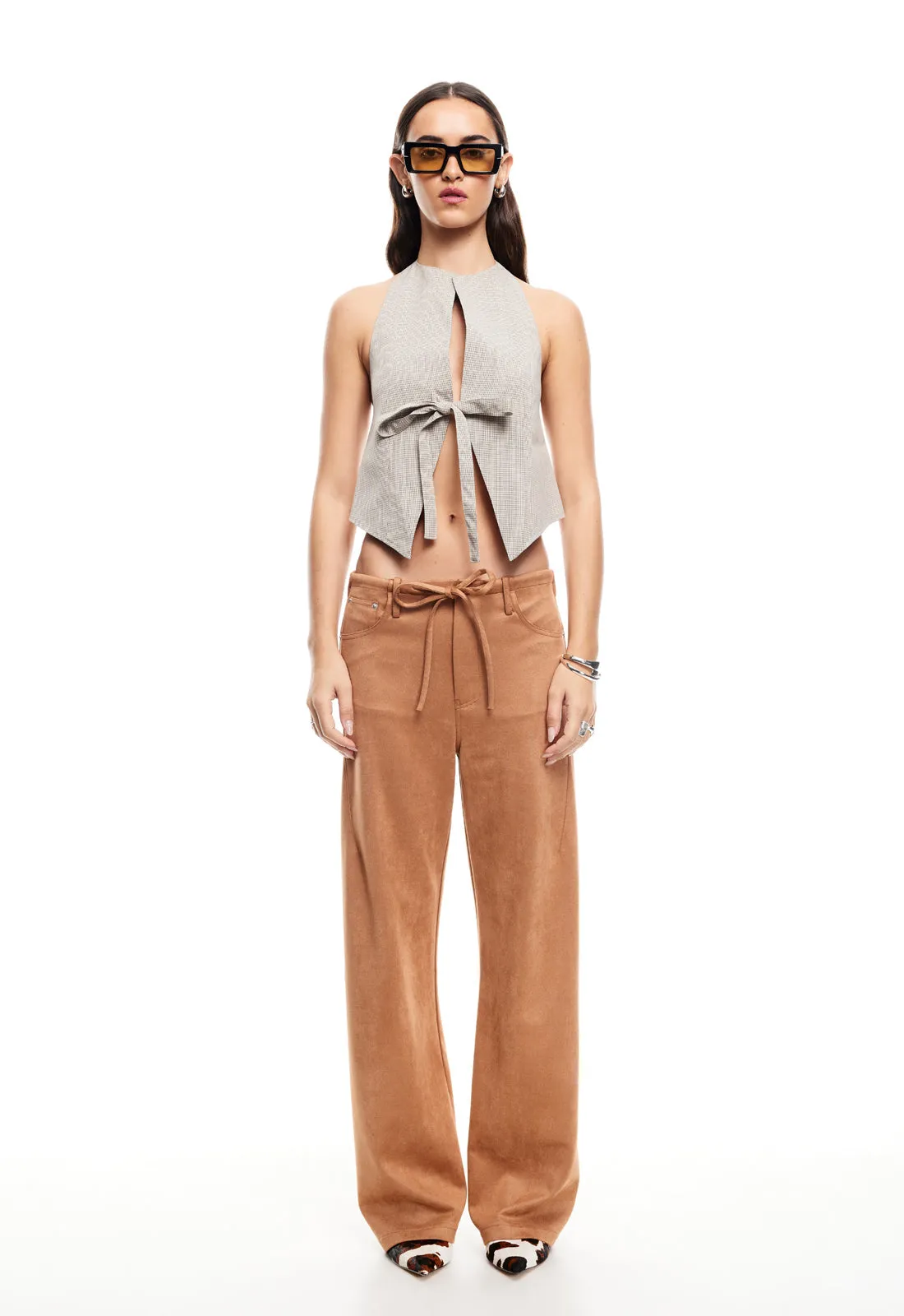 BUTTERFLY TIE TOP - BEIGE GINGHAM