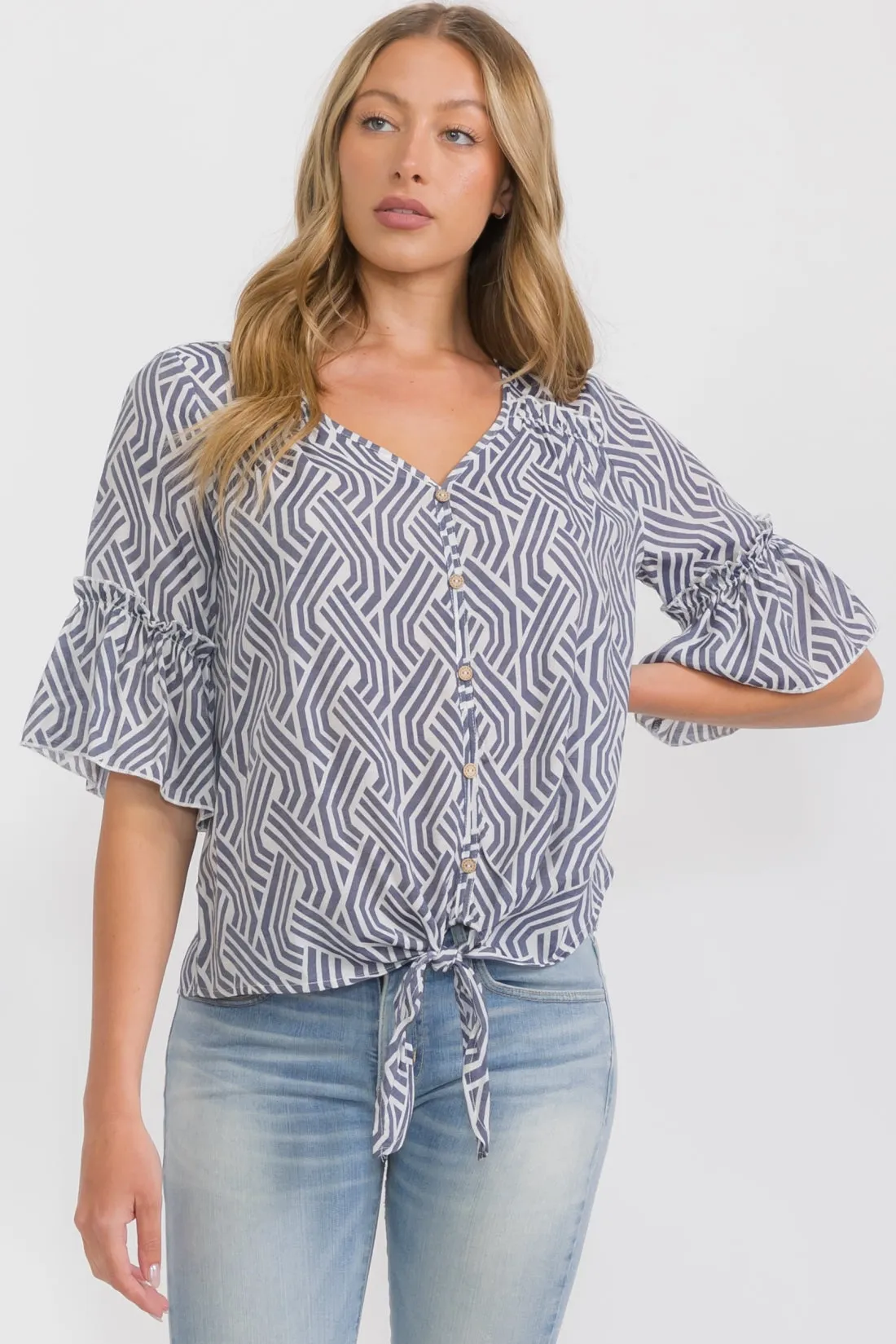 BUTTON DOWN RUFFLE TIE FRONT