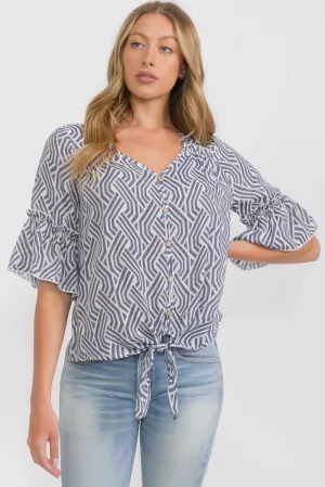 BUTTON DOWN RUFFLE TIE FRONT