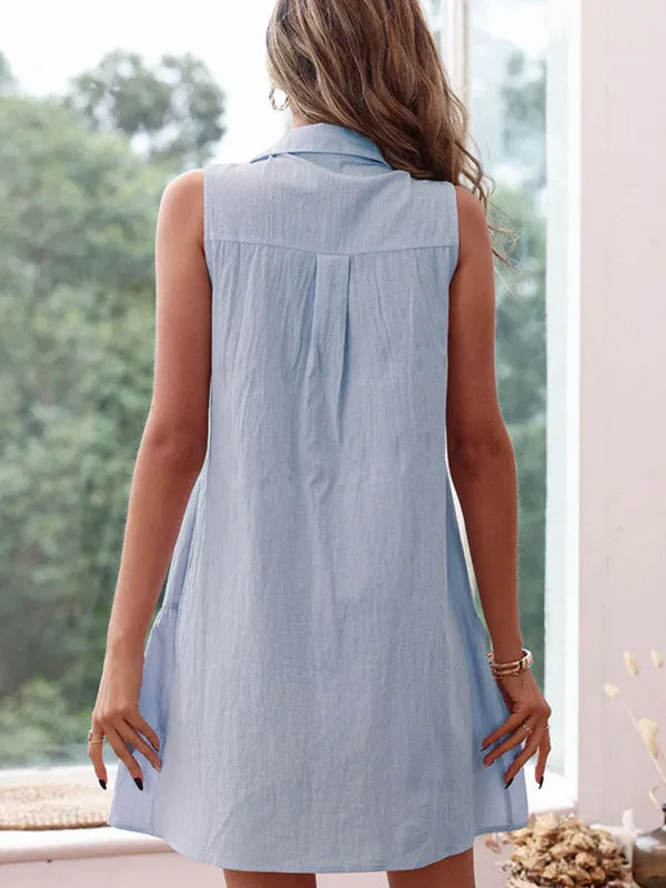 Button-Down Sleeveless Tank Dress with Pleated Tiered Skirt