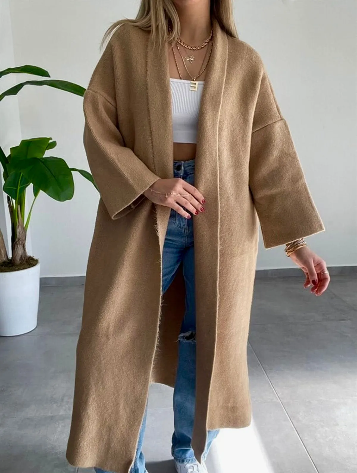 Camel Heavy Longline Coat Cardigan