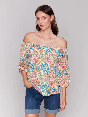 CHARLIE B OFF-THE-SHOULDER COTTON BLOUSE - MULTI