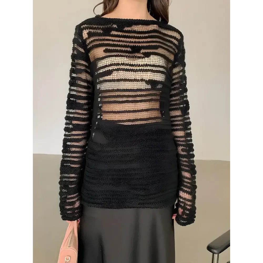 Chic Sweater with Striped Sheer Design for Casual Elegance