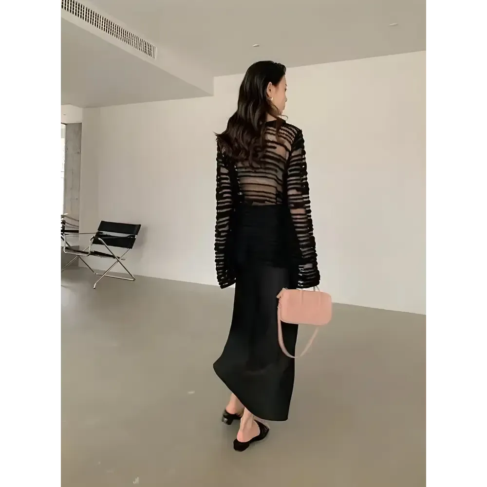 Chic Sweater with Striped Sheer Design for Casual Elegance