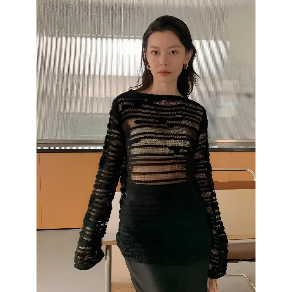 Chic Sweater with Striped Sheer Design for Casual Elegance