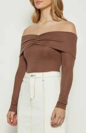 Chocolate Off The Shoulder Top with Front Ruched Detail