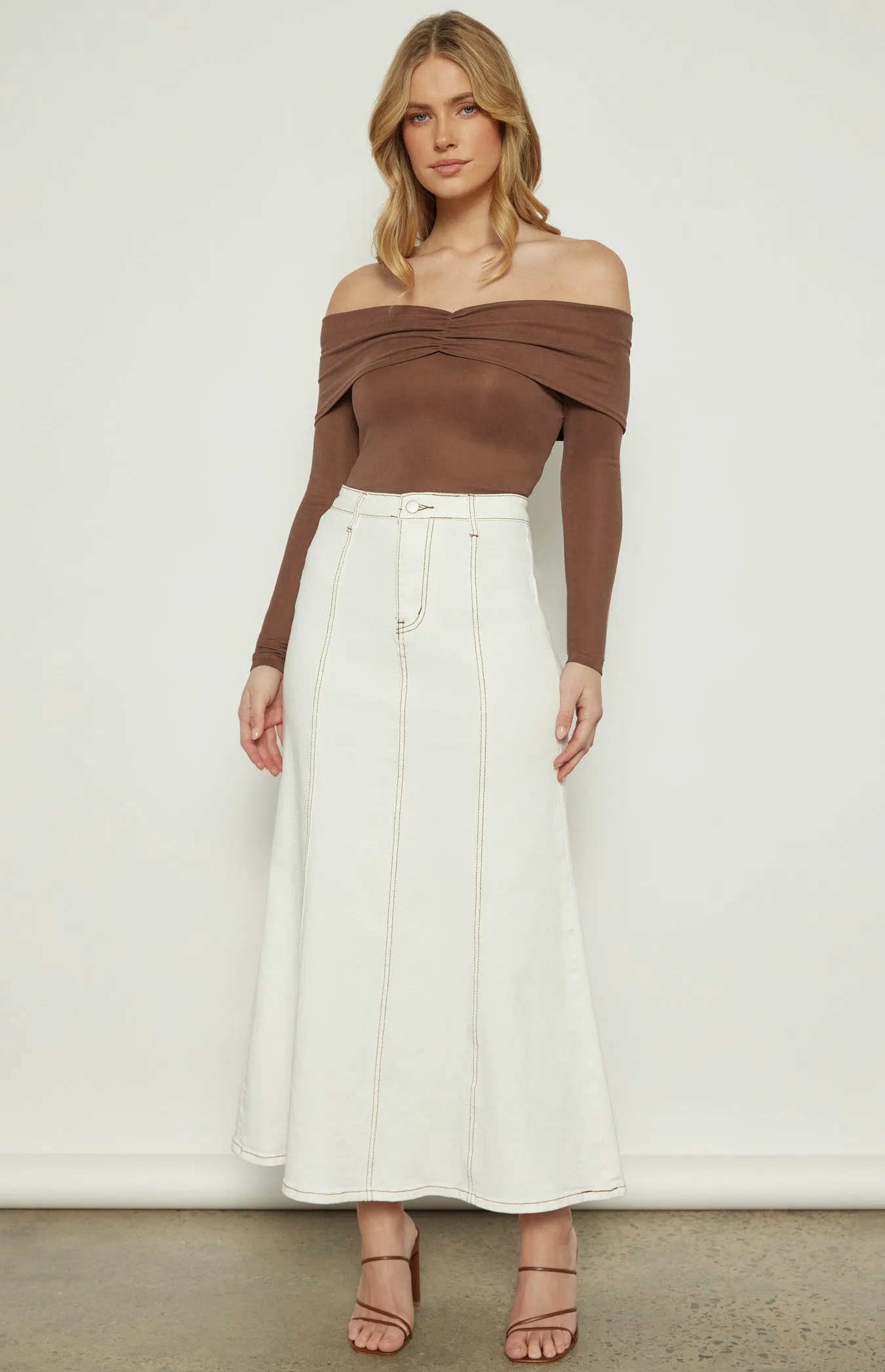 Chocolate Off The Shoulder Top with Front Ruched Detail