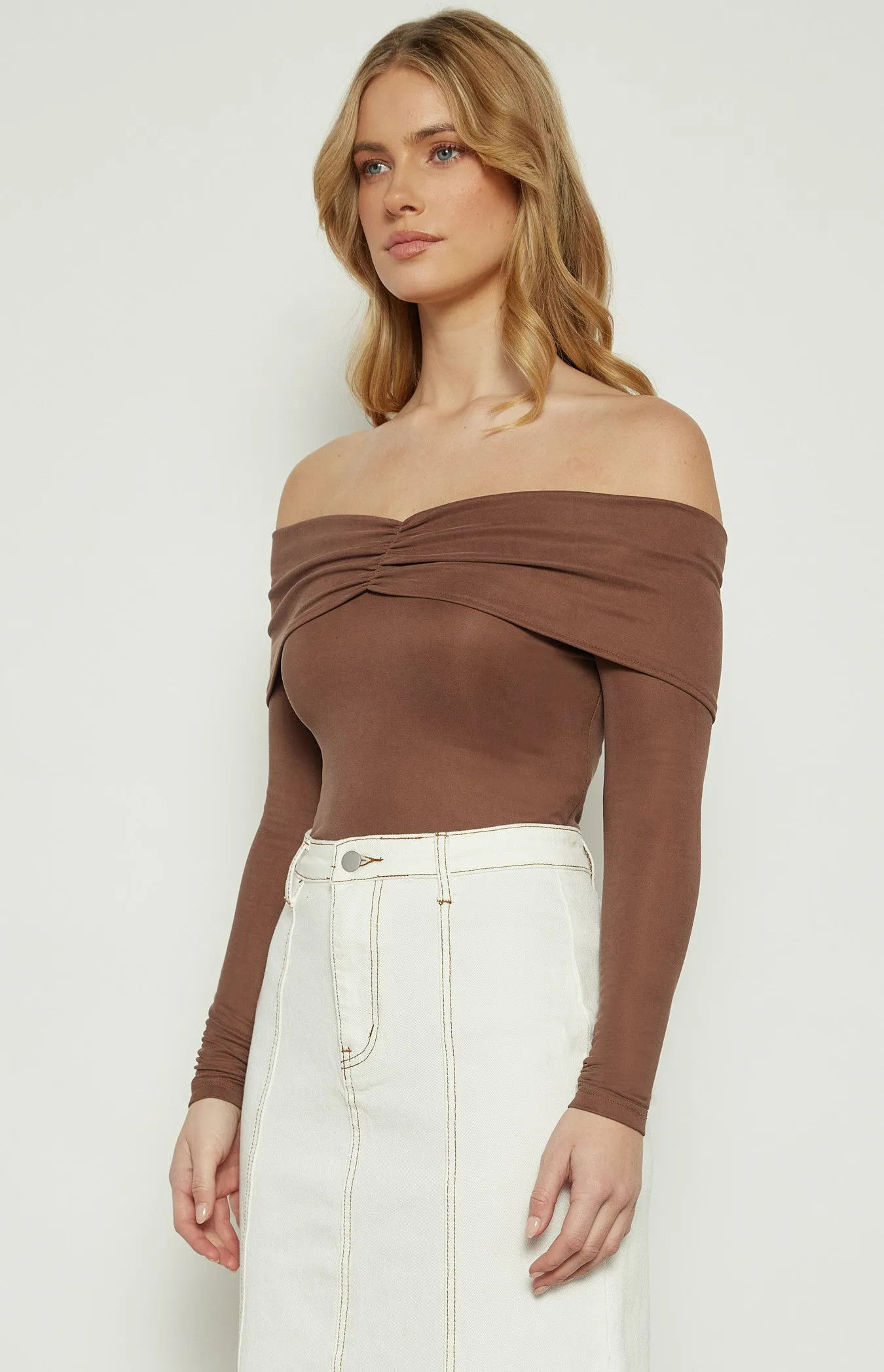 Chocolate Off The Shoulder Top with Front Ruched Detail