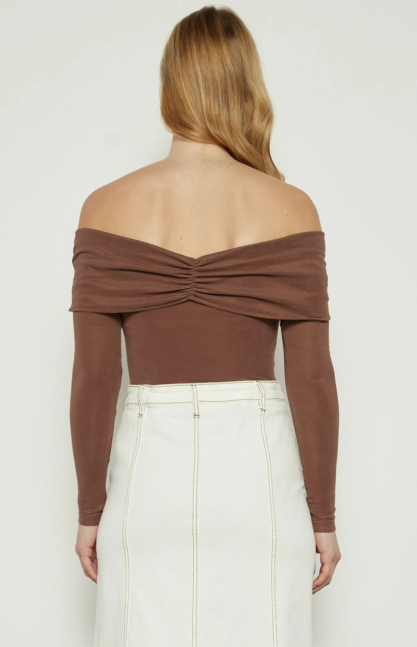 Chocolate Off The Shoulder Top with Front Ruched Detail