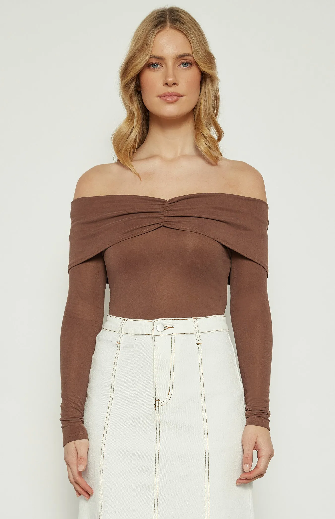 Chocolate Off The Shoulder Top with Front Ruched Detail