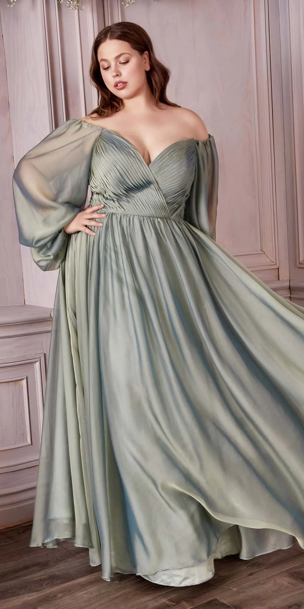 Cinderella Divine CD243C Long Sleeve A-Line Chiffon Dress