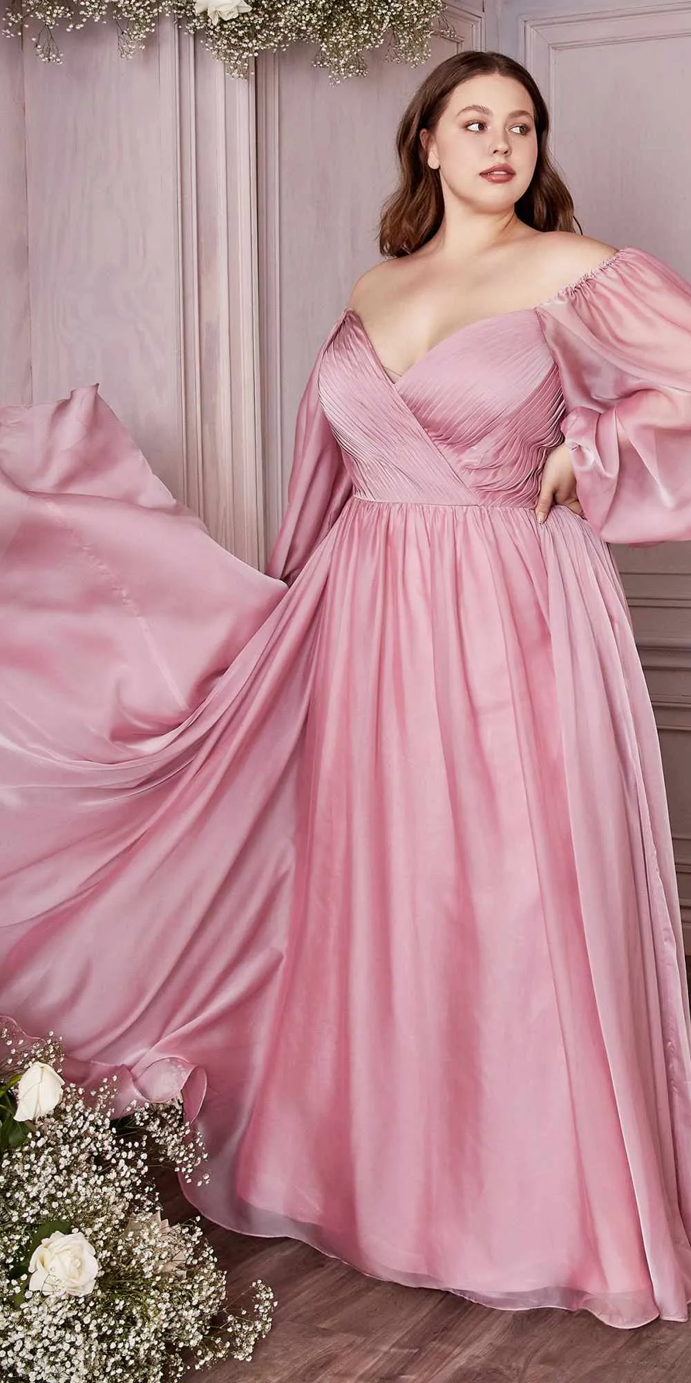 Cinderella Divine CD243C Long Sleeve A-Line Chiffon Dress