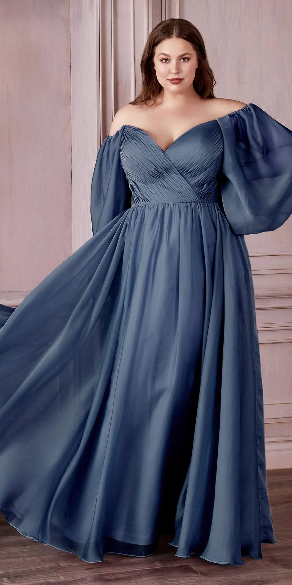 Cinderella Divine CD243C Long Sleeve A-Line Chiffon Dress