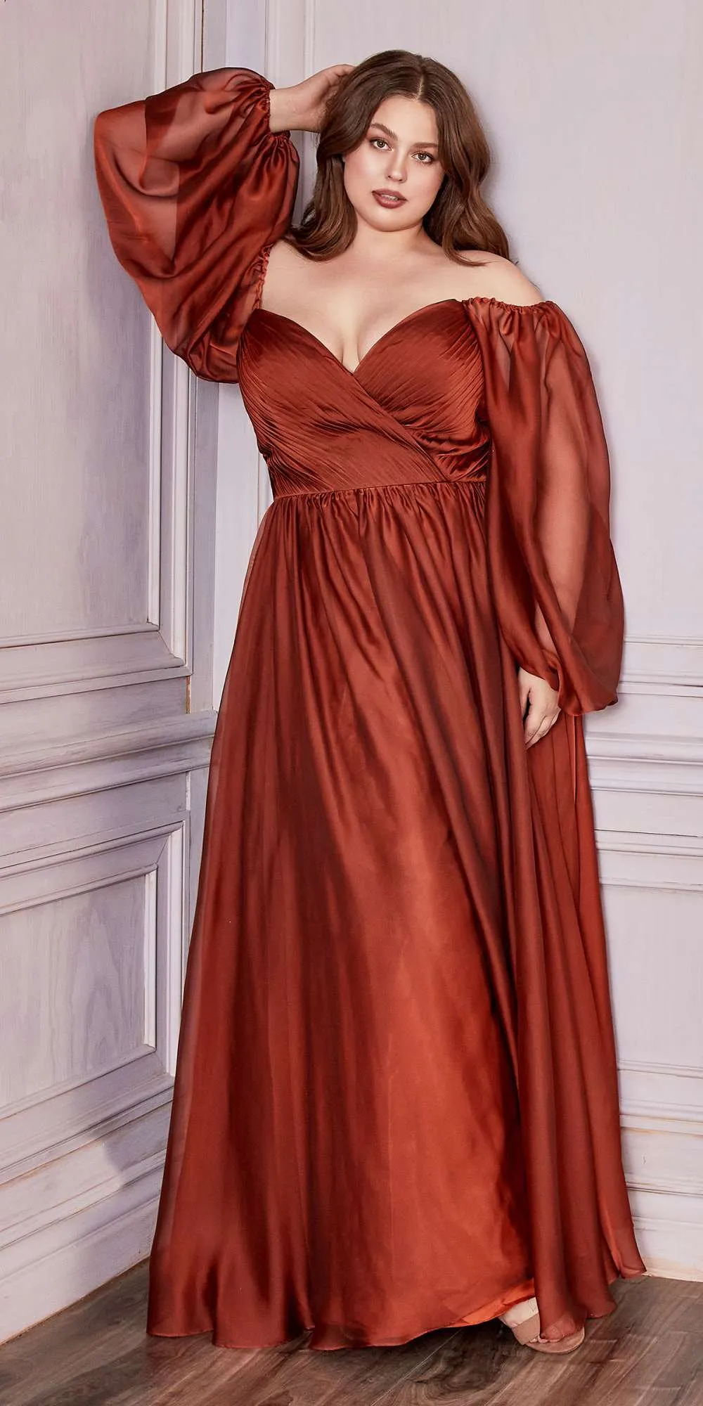 Cinderella Divine CD243C Long Sleeve A-Line Chiffon Dress