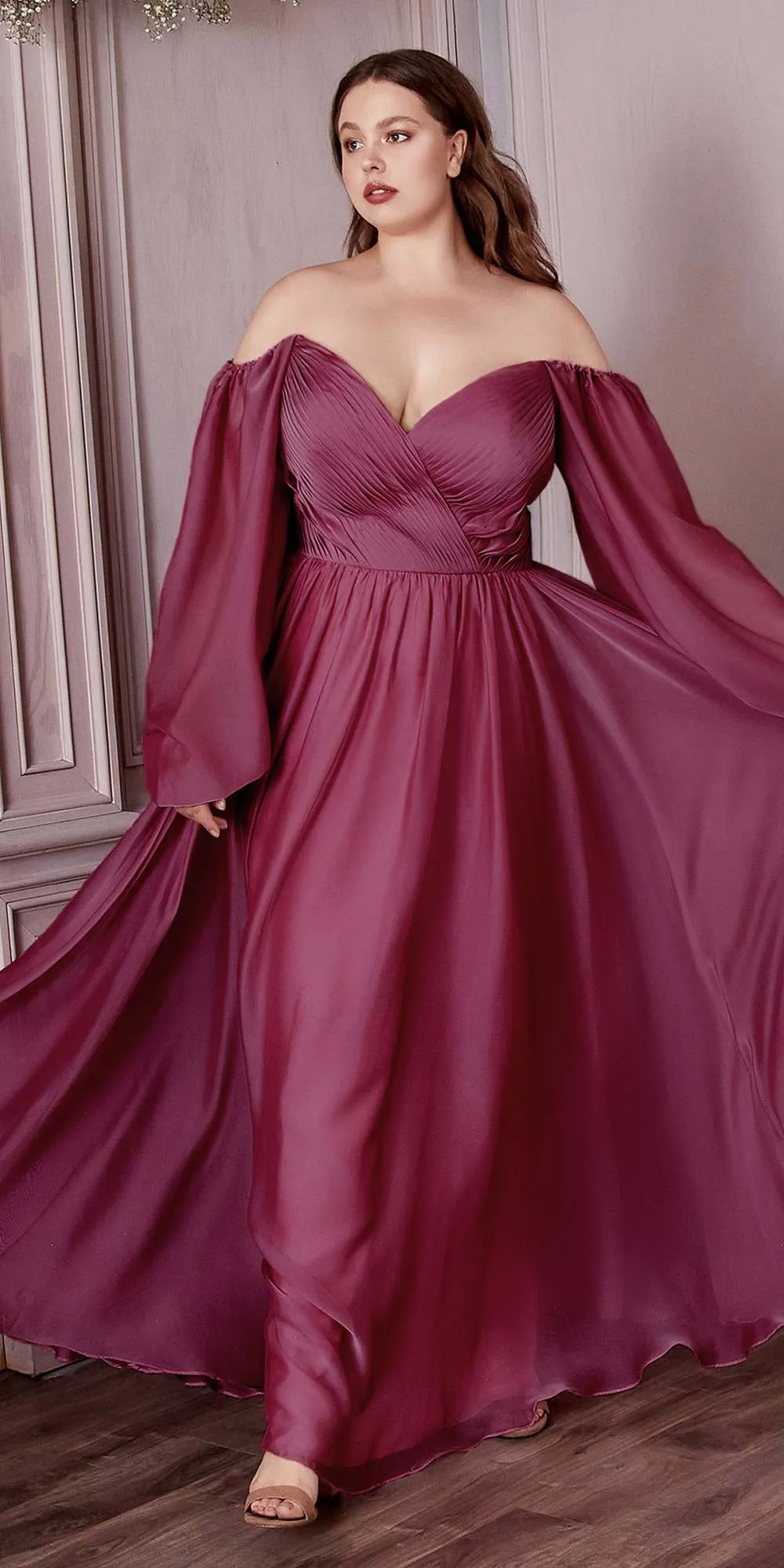 Cinderella Divine CD243C Long Sleeve A-Line Chiffon Dress