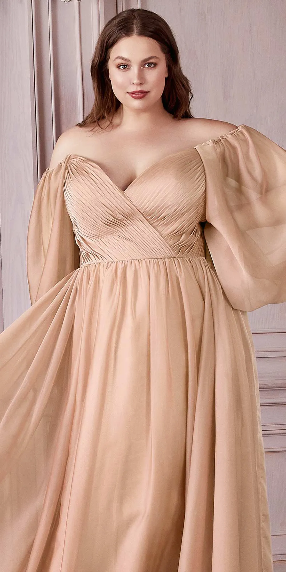 Cinderella Divine CD243C Long Sleeve A-Line Chiffon Dress