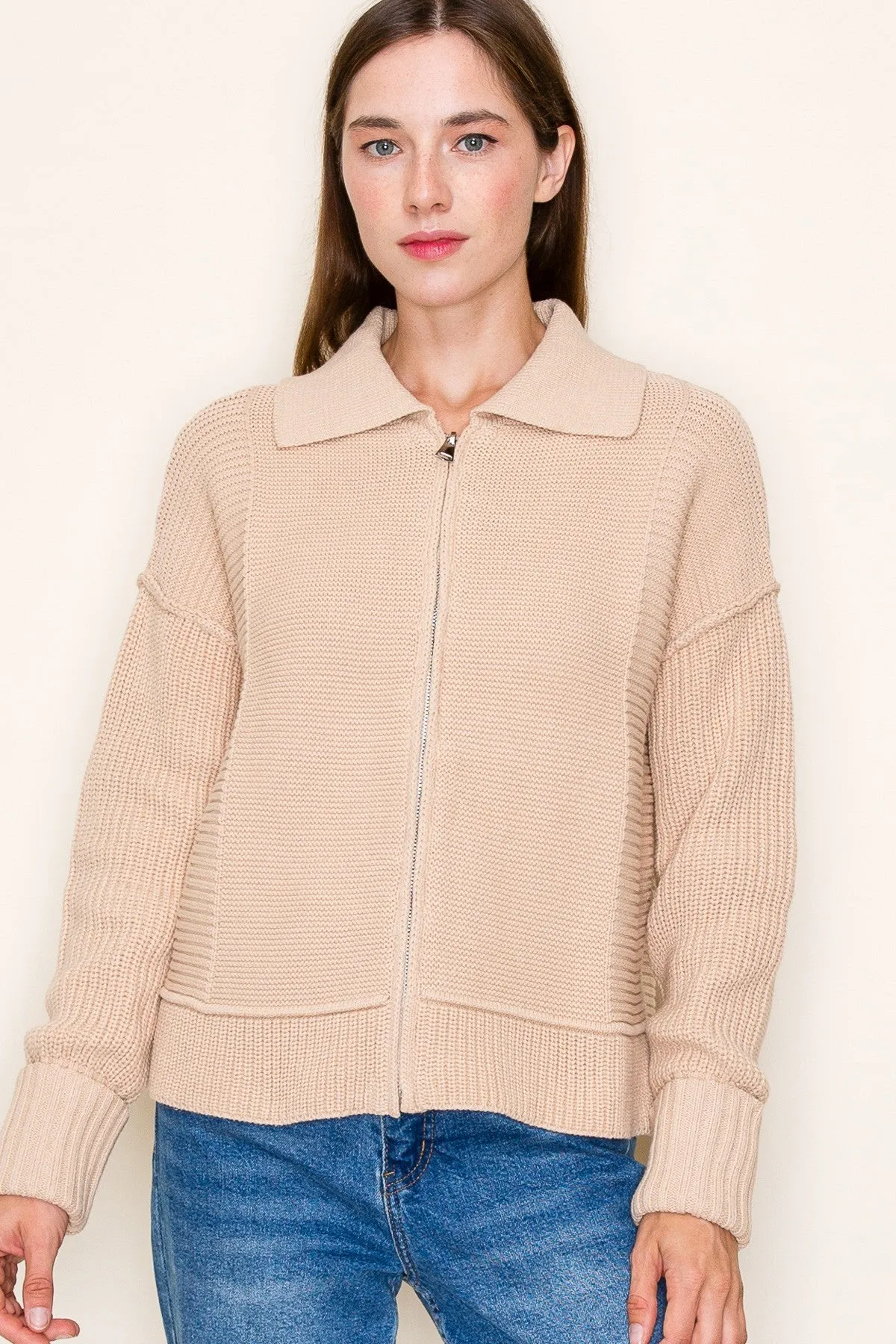 Collared Folded Cuff Zipper Front Cardig