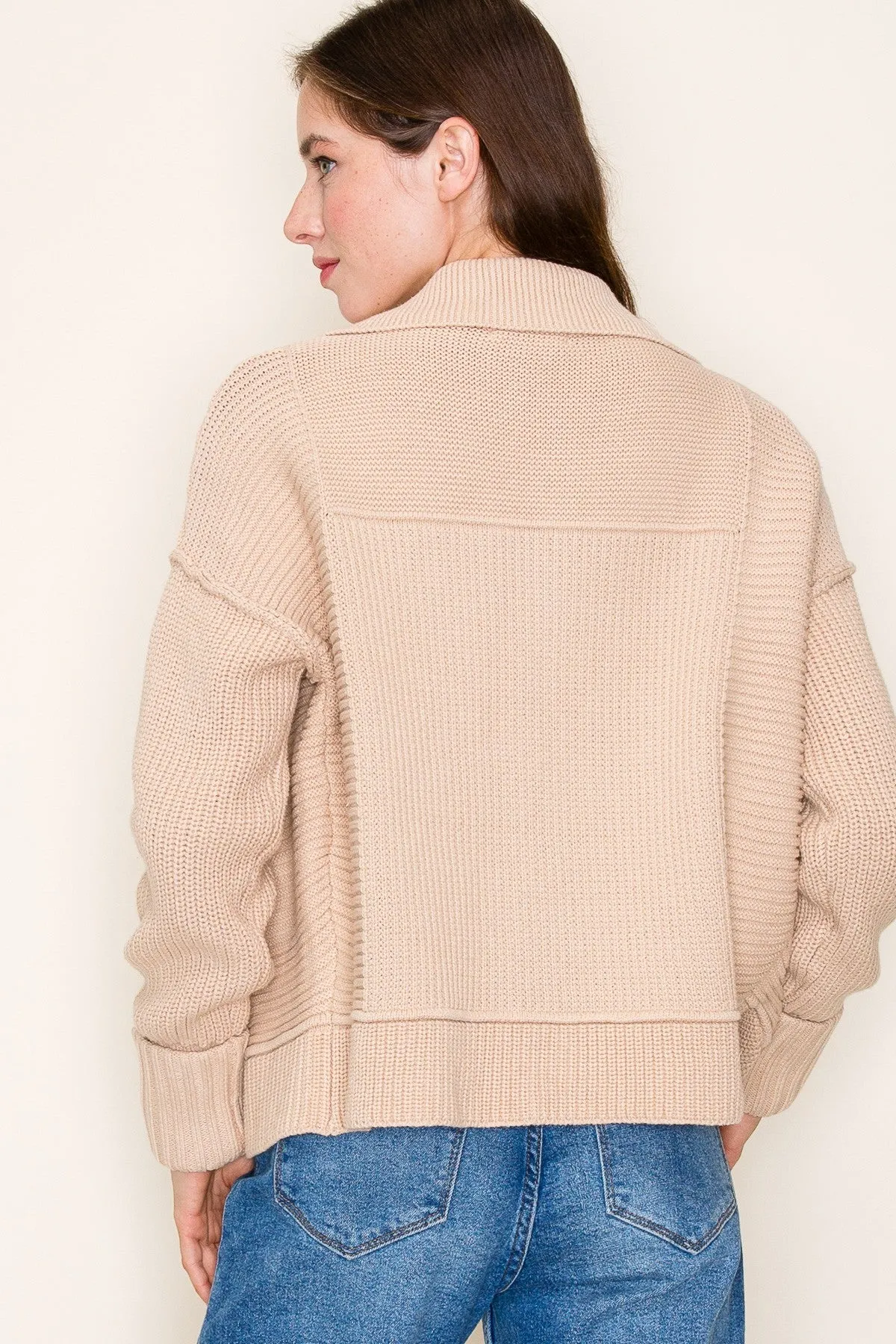 Collared Folded Cuff Zipper Front Cardig