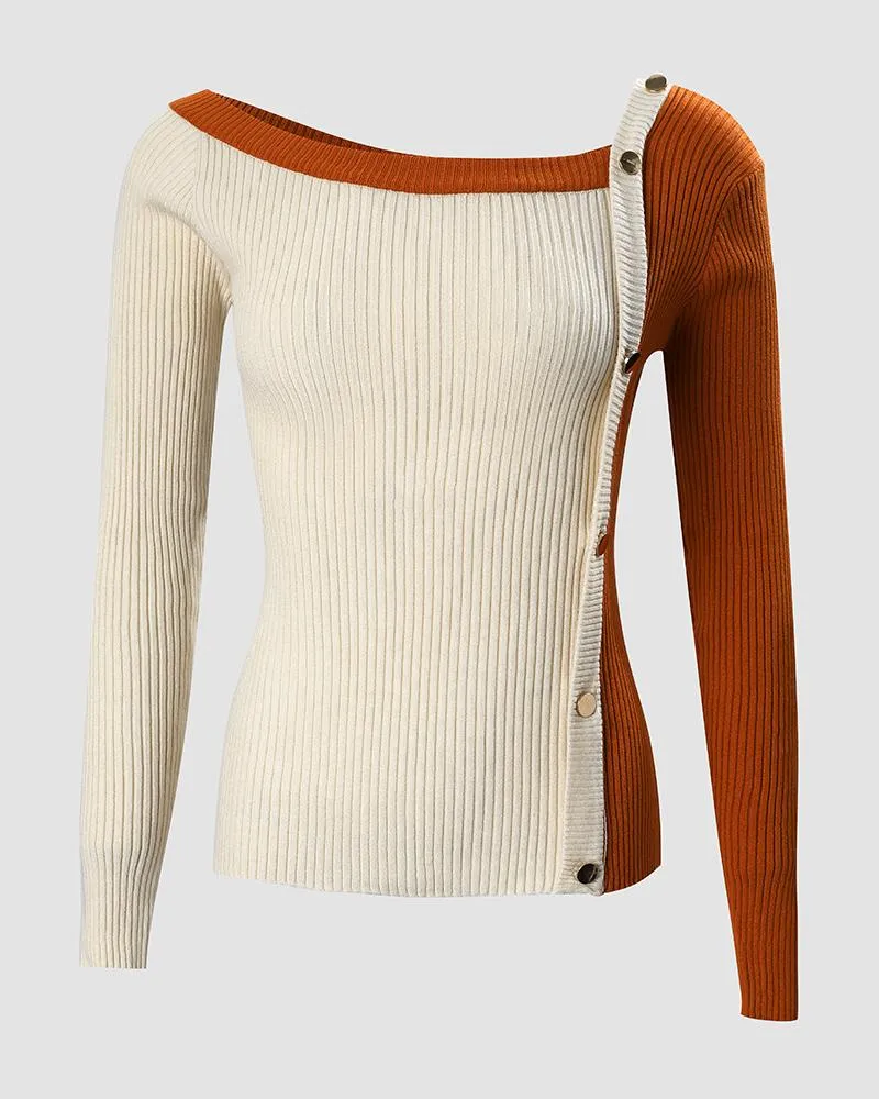 Colorblock Buttoned Knit Long Sleeve Sweater