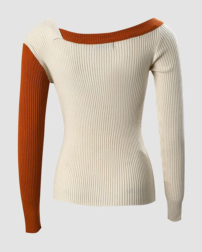 Colorblock Buttoned Knit Long Sleeve Sweater