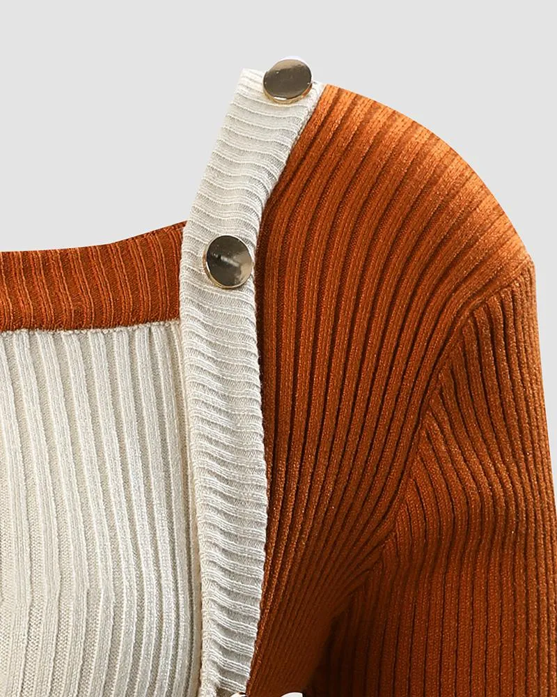Colorblock Buttoned Knit Long Sleeve Sweater