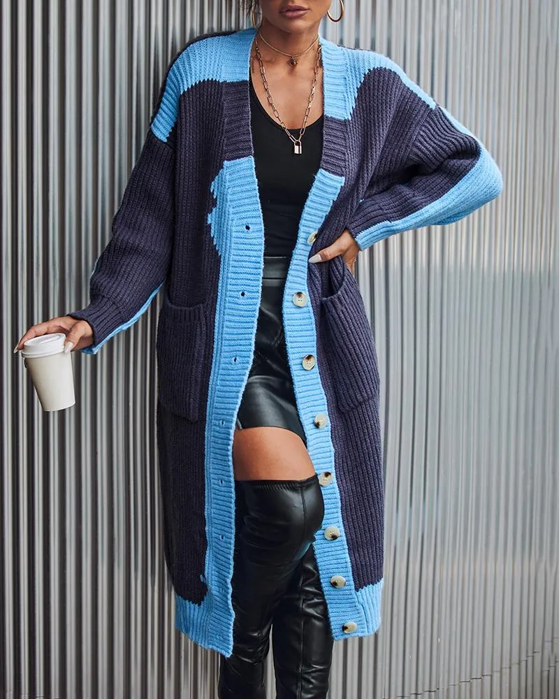 Colorblock Pocket Design Longline Knit Cardigan