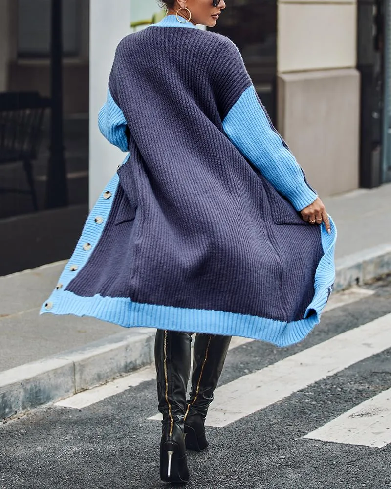 Colorblock Pocket Design Longline Knit Cardigan