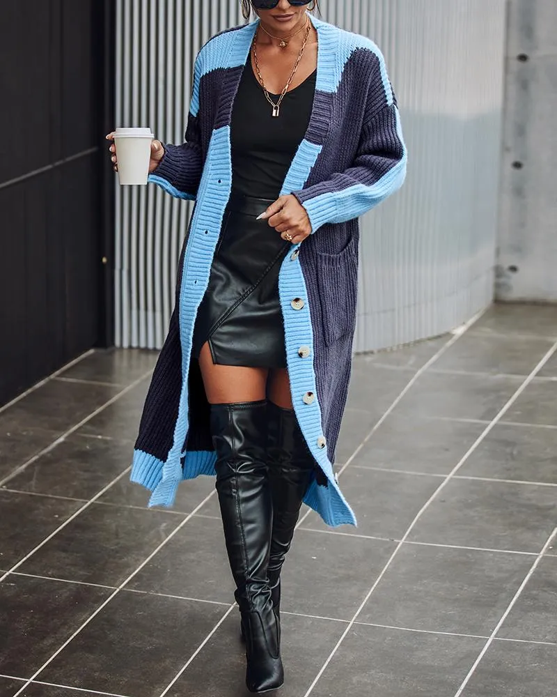Colorblock Pocket Design Longline Knit Cardigan