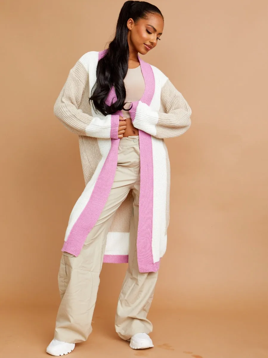 Colour Block Longline Knitted Open Cardigan