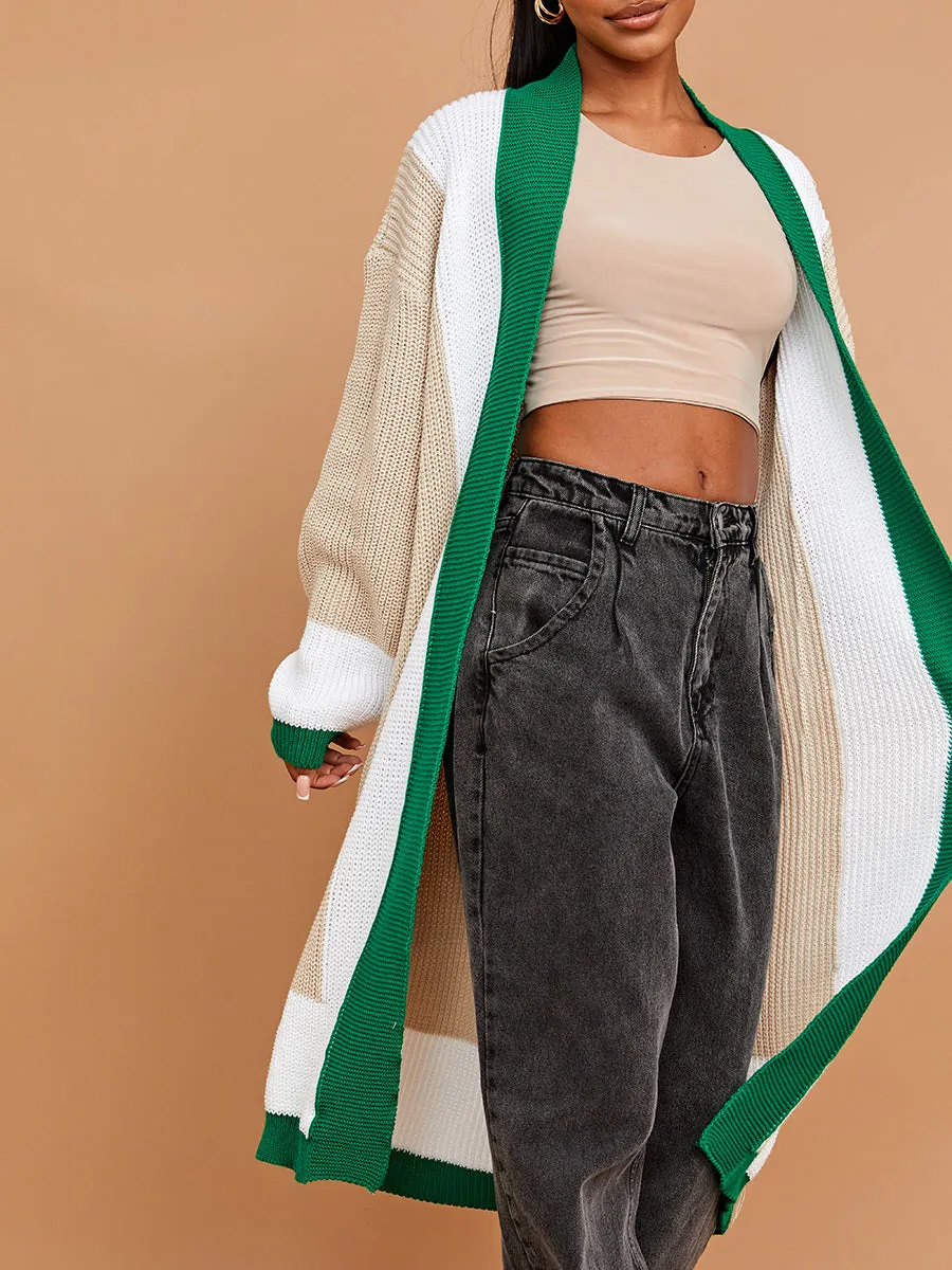 Colour Block Longline Knitted Open Cardigan