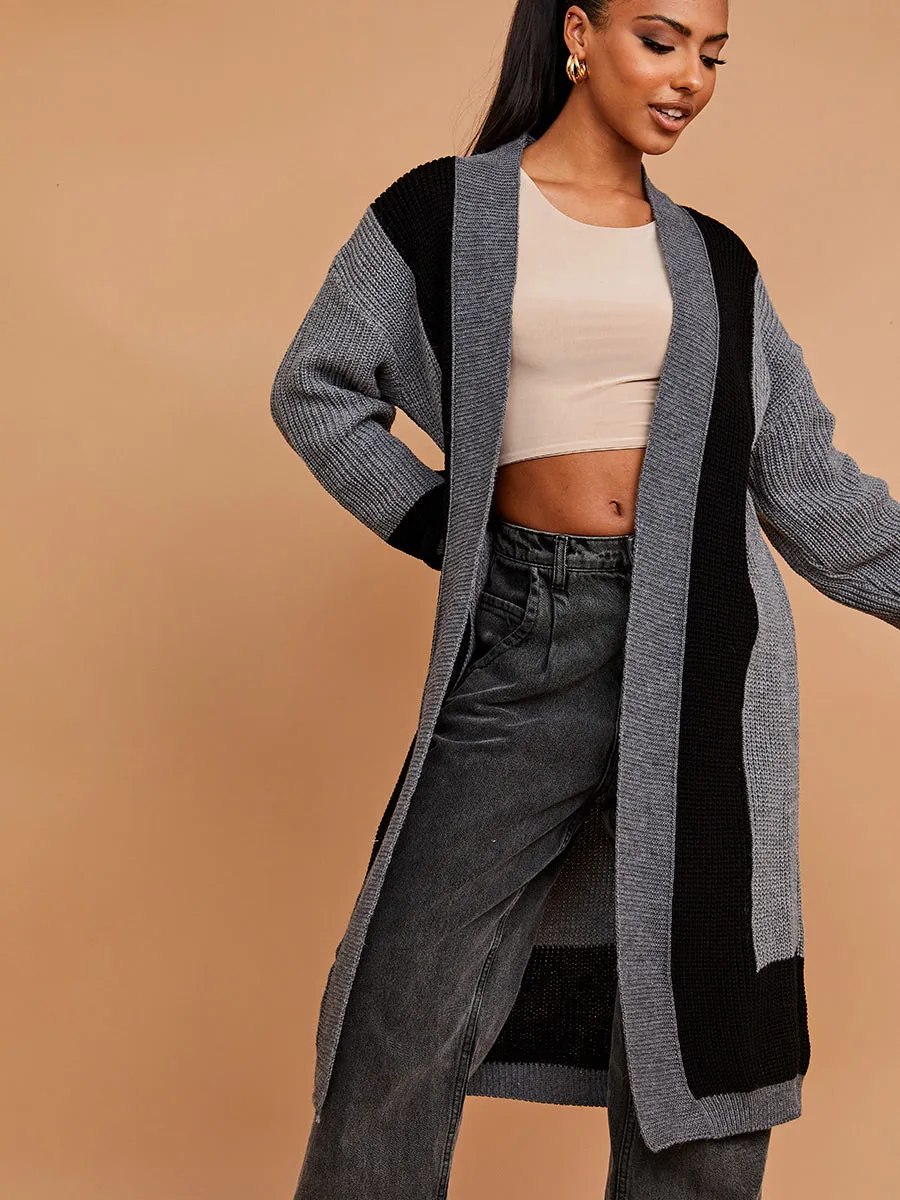 Colour Block Longline Knitted Open Cardigan