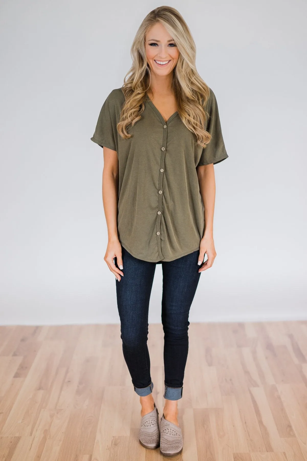 Coming Your Way Dolman Button Top- Olive