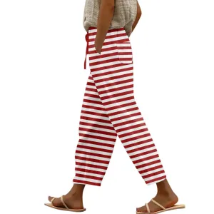 Cotton Womens Linen Pants Linen Pants Women Pants Dressy Casual Capri Pants Wide Leg Drawstring High Waisted Pants for Women Loose Fit Summer Pants Casual Womens Gauze Pants Comfy with Pockets Red2X