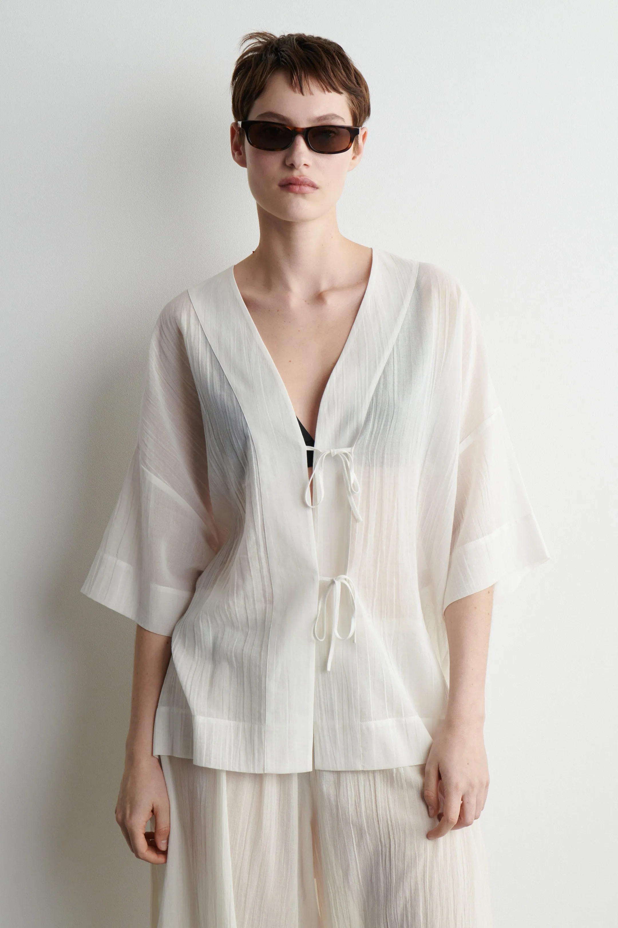 Crinkled tie-front beach shirt