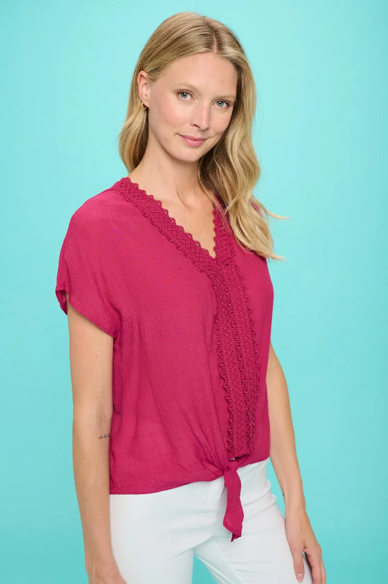 CROCHET CENTER TIE FRONT BLOUSE