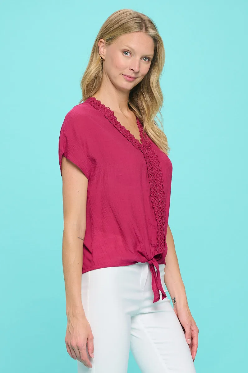 CROCHET CENTER TIE FRONT BLOUSE