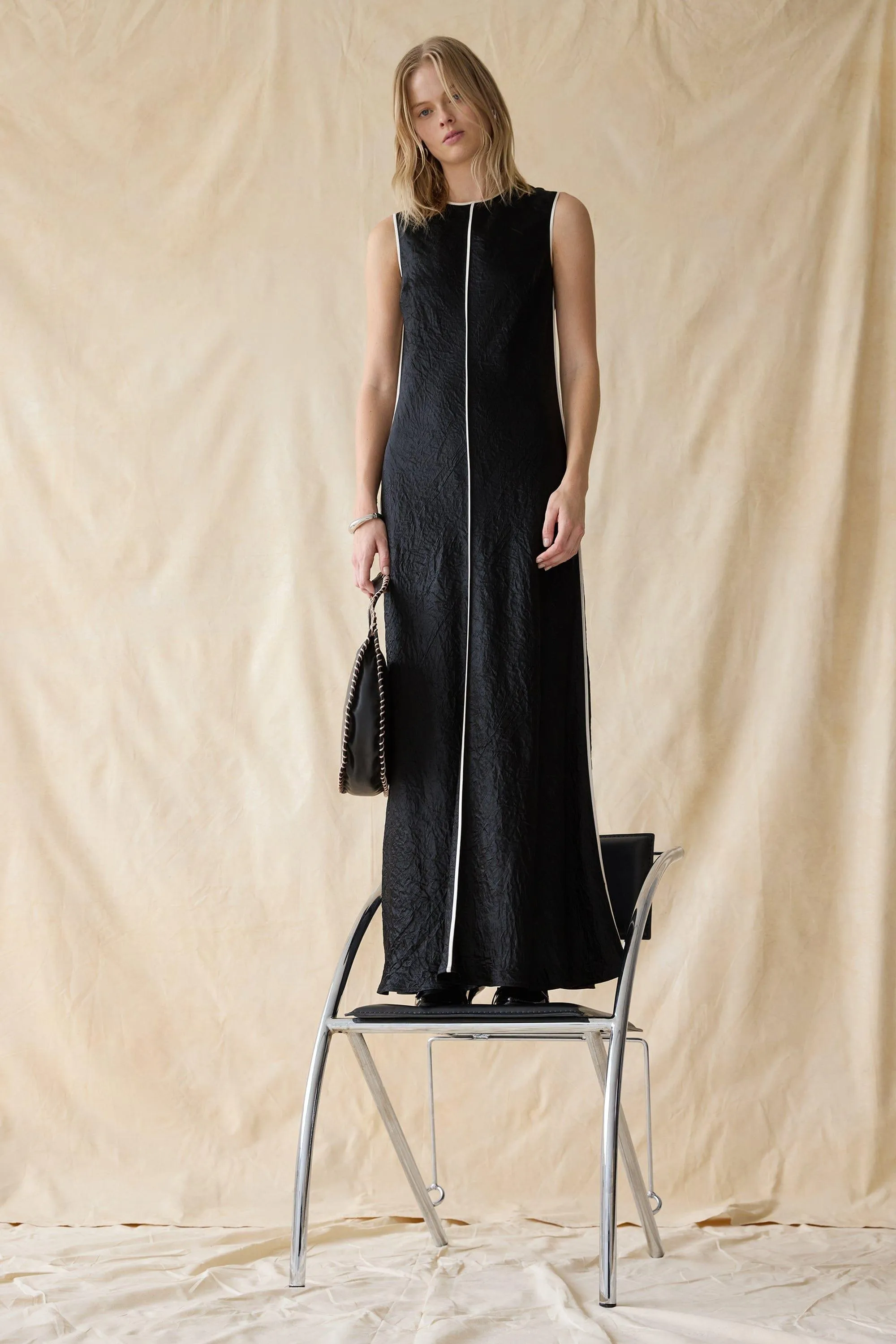 CRUSH CONTRAST BIND MAXI TANK DRESS | BLACK & CREAM