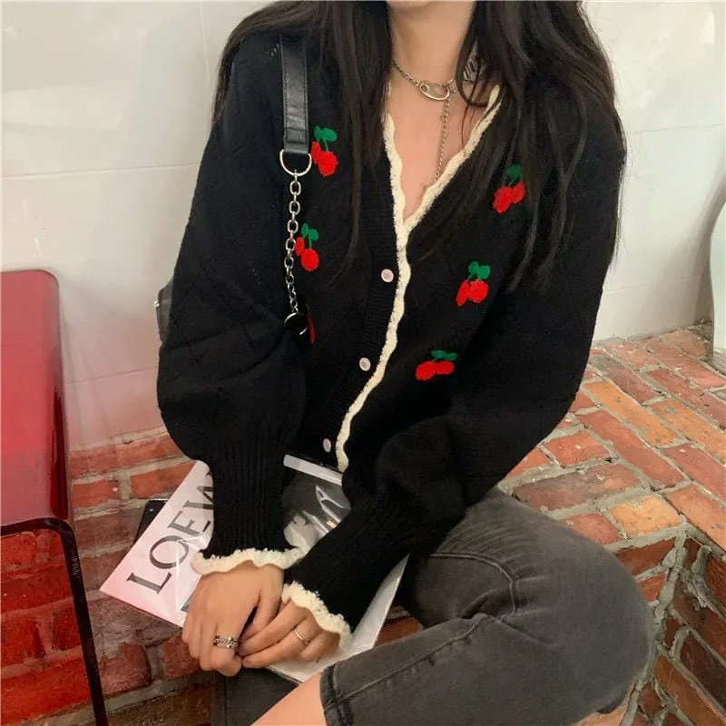 Cute Cherry Knitted Cardigan